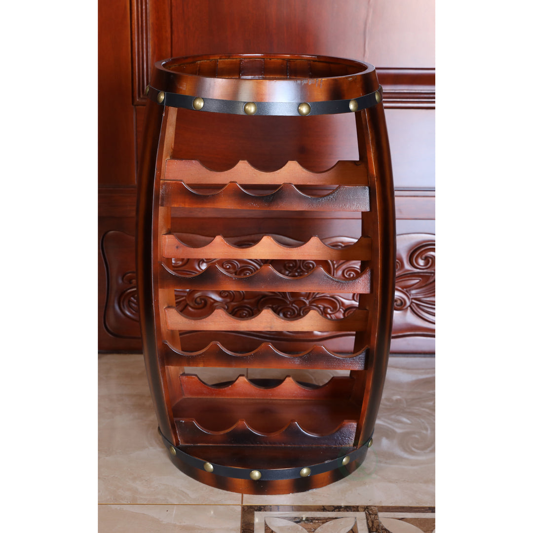 Wooden Barrel Wine Rack 14 Bottle Capacity 13x13x24.5 Inches Freestanding Storage Image 3