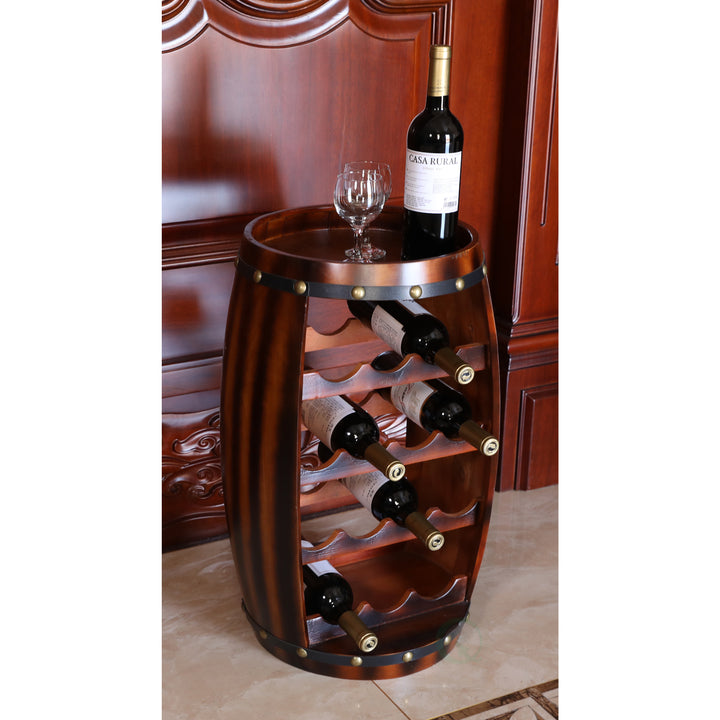 Wooden Barrel Wine Rack 14 Bottle Capacity 13x13x24.5 Inches Freestanding Storage Image 4