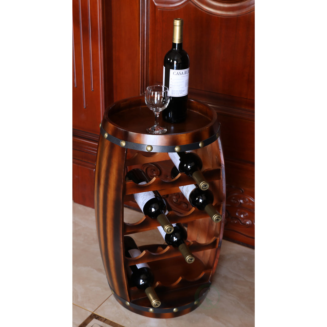 Wooden Barrel Wine Rack 14 Bottle Capacity 13x13x24.5 Inches Freestanding Storage Image 8