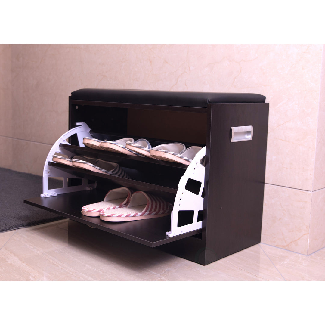 Black Wooden Fold-out Shoe Organizer - Shoe Storage Bench with Leather Cushion Image 2