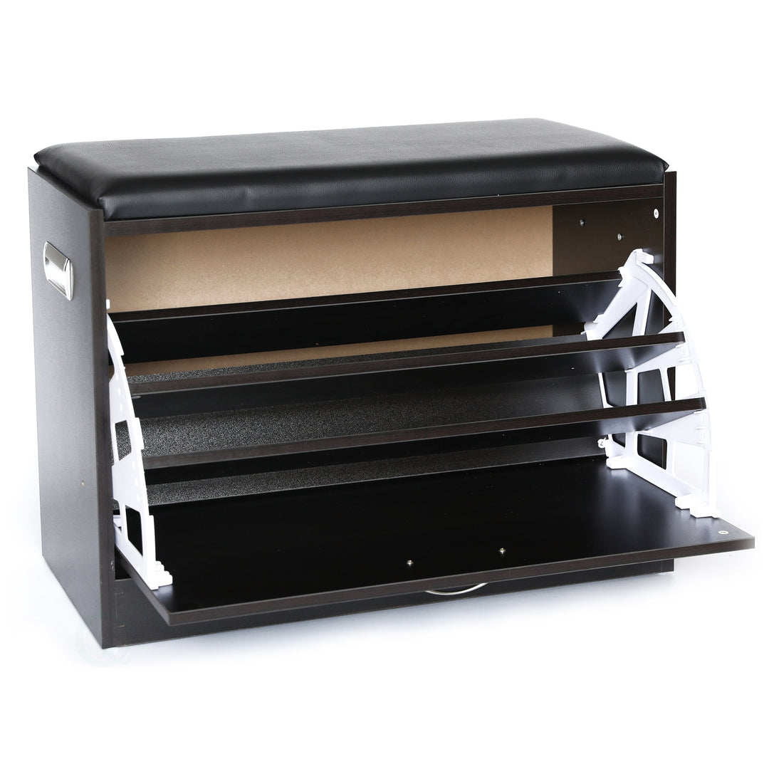 Black Wooden Fold-out Shoe Organizer - Shoe Storage Bench with Leather Cushion Image 4