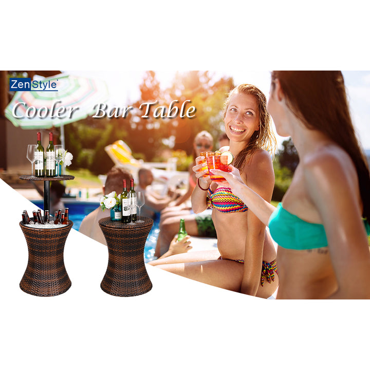 Cool Bar Rattan Style Outdoor Patio Table Designed Cooler All-Weather Wicker Bar Table with Ice Bucket for Party, Pool, Image 2