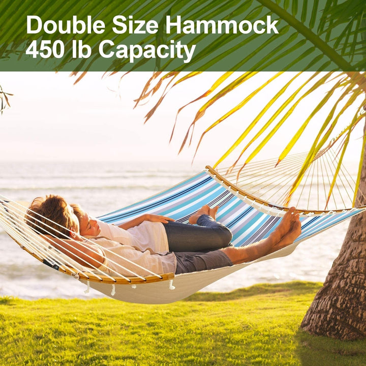 Ohuhu Double Hammock Quilted Fabric Swing with Strong Curved-Bar Bamboo and Detachable Pillow, 55"x75" Large Image 2