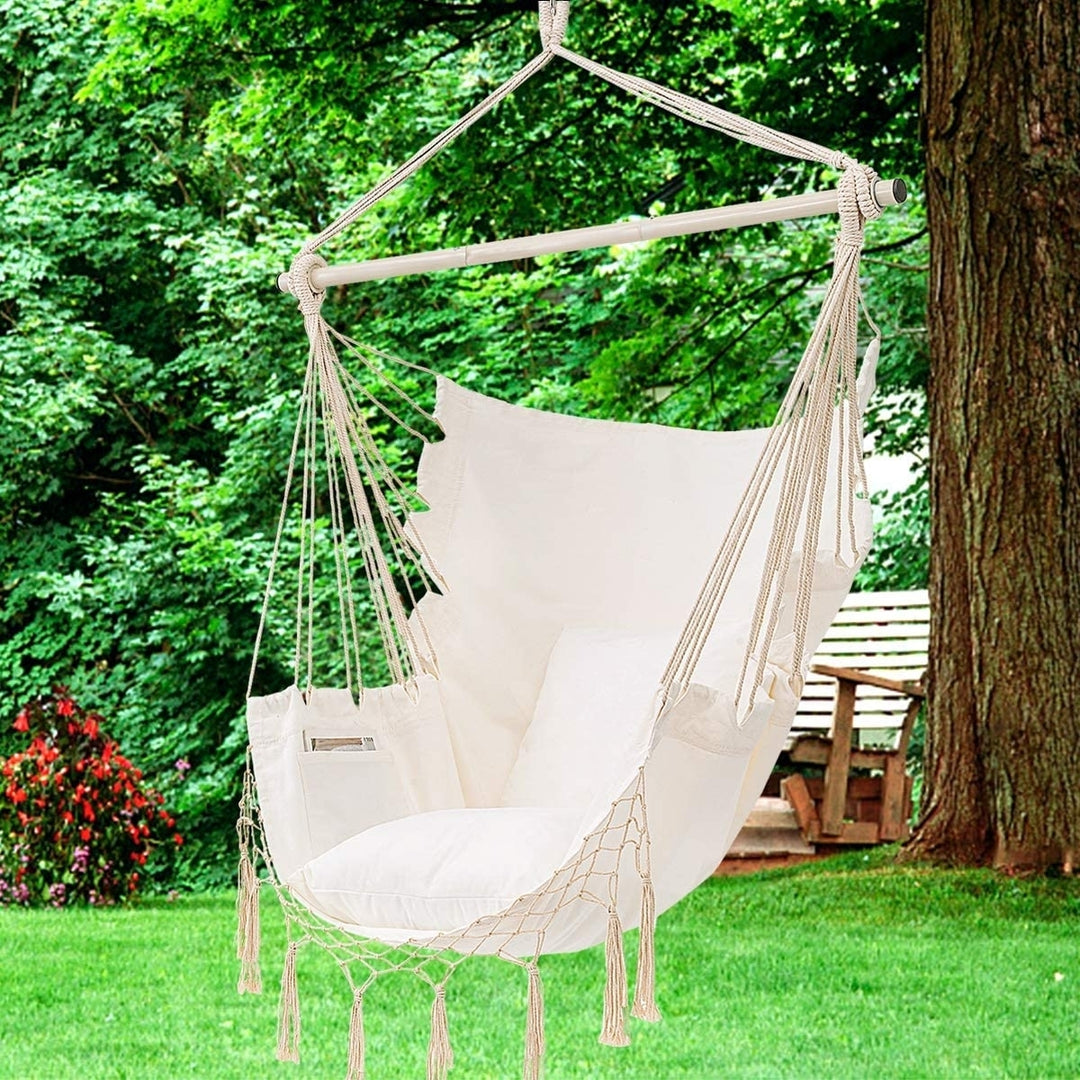 Hammock Chair Hanging Rope Swing Seat Chair with Pocket Max 350 Lbs Image 1