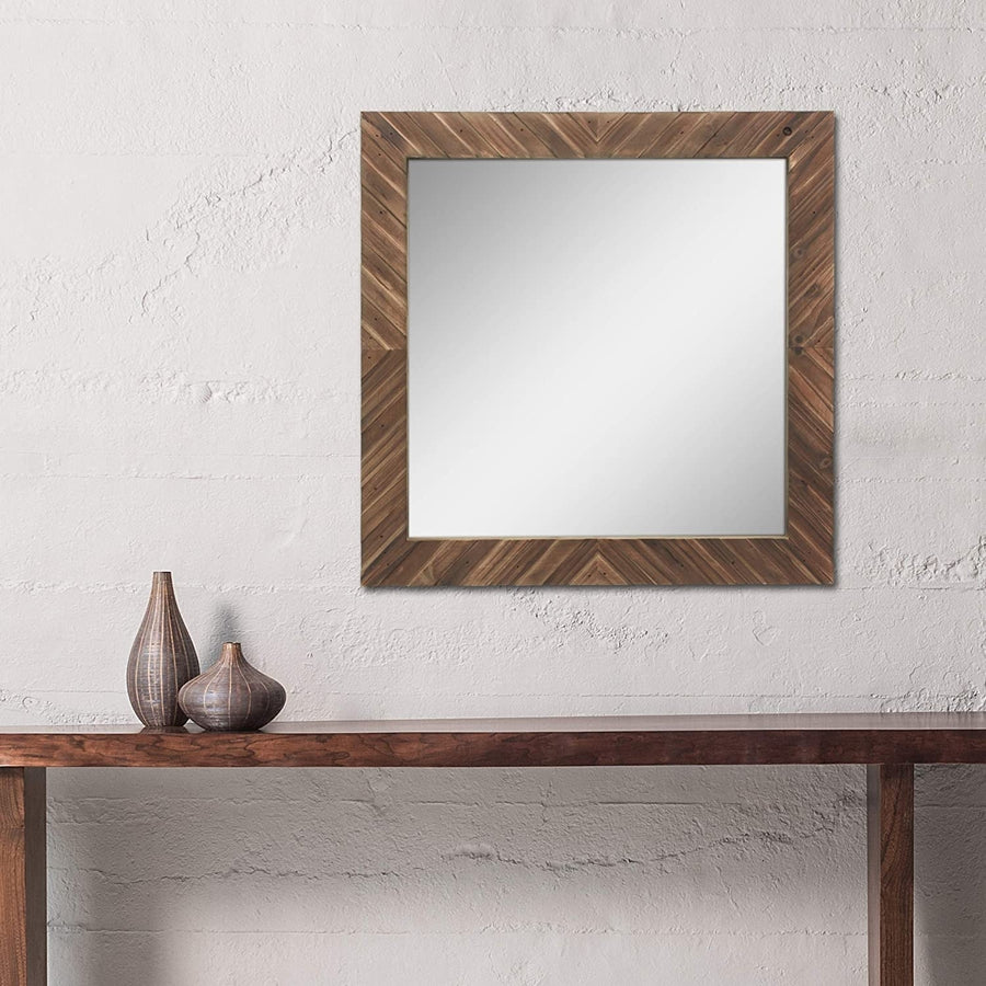 Square Textured Wooden Chevron Hanging Wall Mirror with Attached Mounting Brackets Image 1