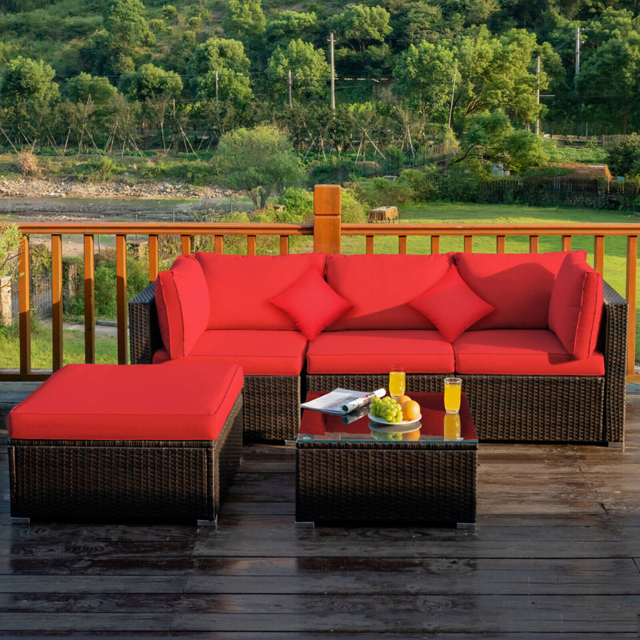 5PCS Rattan Sectional Sofa Set Patio Furniture Set w/ Red Cushion Pillow Image 1