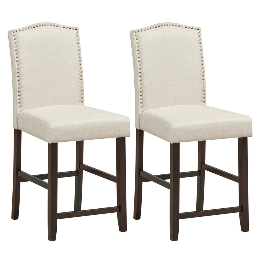 Set of 2 Fabric Barstools Nail Head Trim Counter Height Dining Side Chairs Beige Image 1