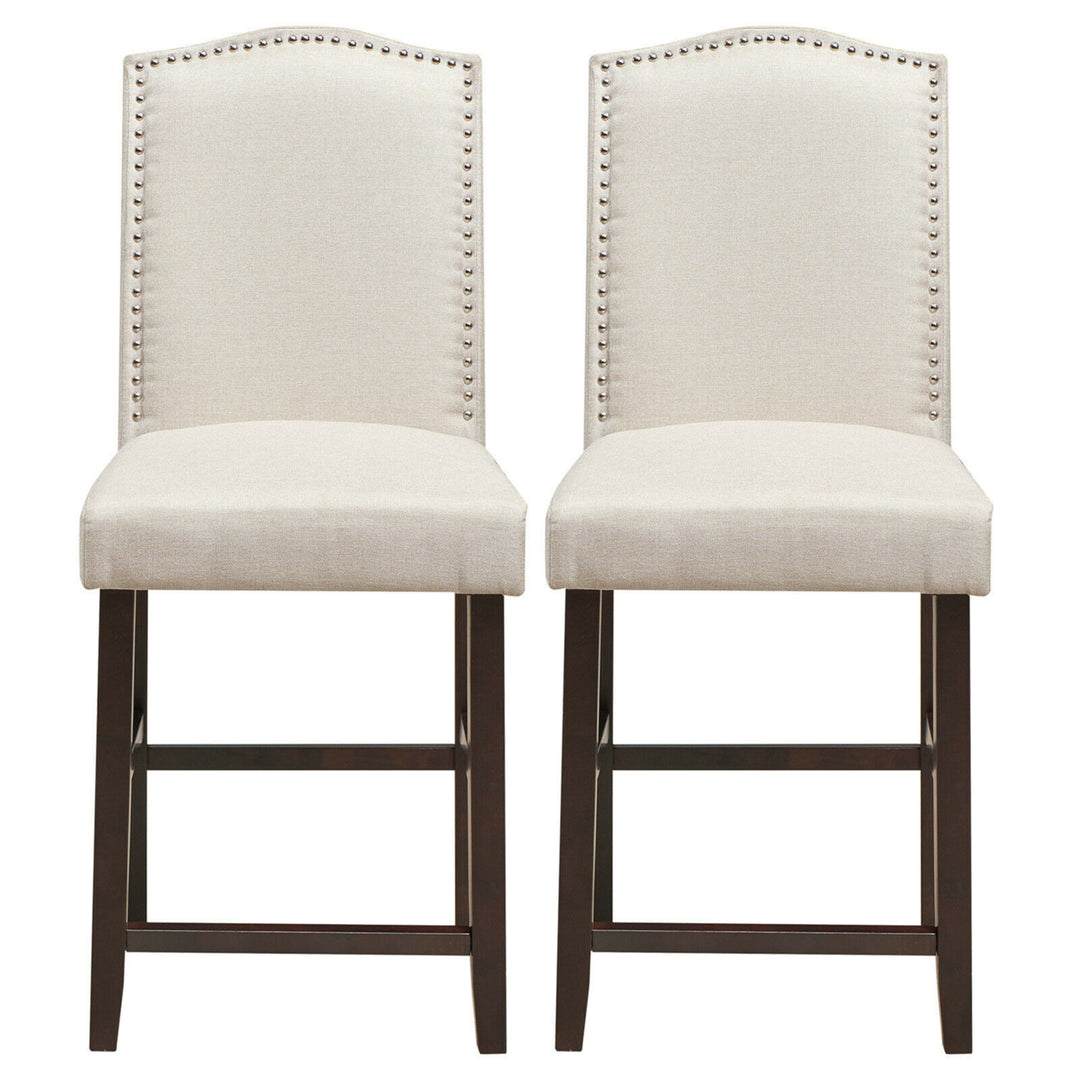 Set of 2 Fabric Barstools Nail Head Trim Counter Height Dining Side Chairs Beige Image 5