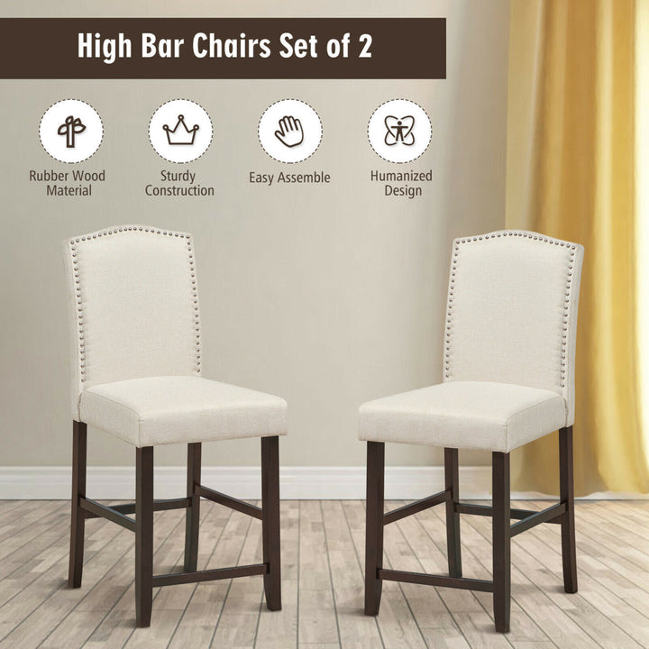 Set of 2 Fabric Barstools Nail Head Trim Counter Height Dining Side Chairs Beige Image 8