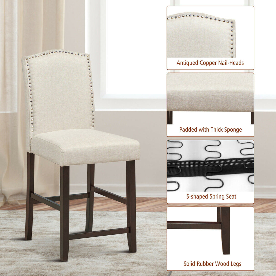 Set of 2 Fabric Barstools Nail Head Trim Counter Height Dining Side Chairs Beige Image 10