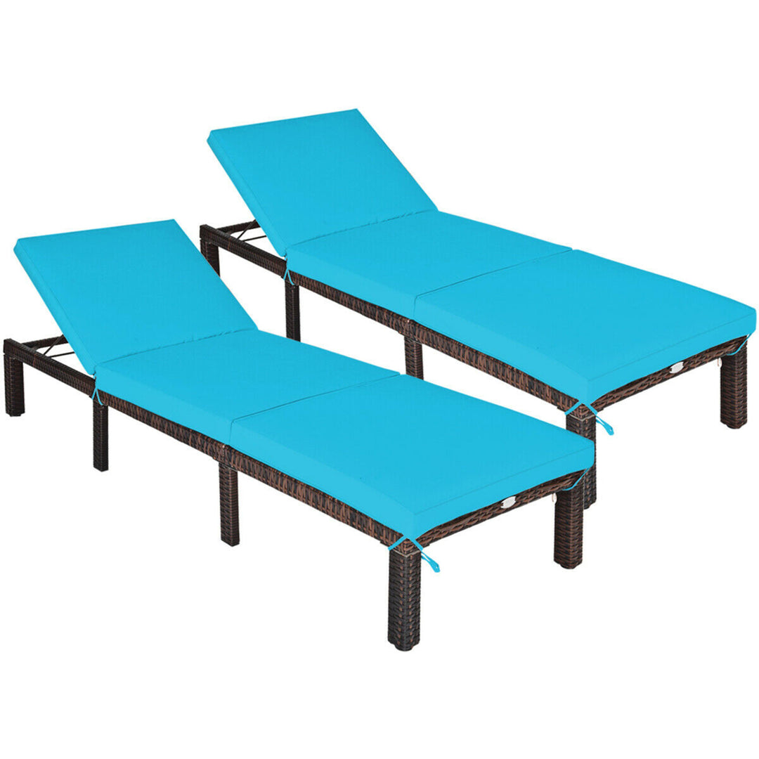 2PCS Adjustable Patio Rattan Chaise Lounge Chair Recliner Outdoor w/ Turquoise Cushion Image 1