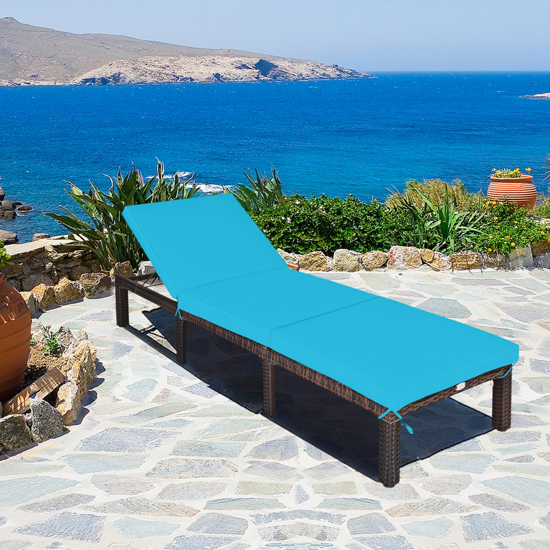 Adjustable Patio Rattan Chaise Lounge Chair Recliner Outdoor w/ Turquoise Cushion Image 1