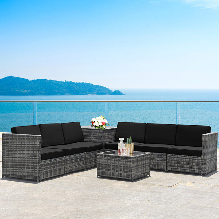 8PCS Patio Rattan Sofa Sectional Conversation Furniture Set w/ Black Cushion Image 1