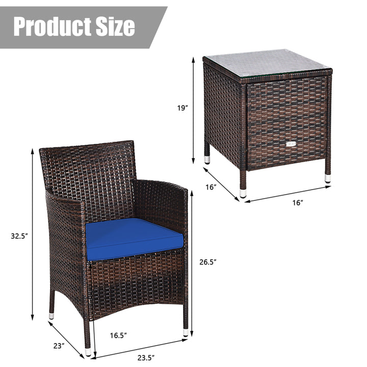 Gymax 3PCS Patio Rattan Chair and Table Furniture Set Outdoor w/ Navy Cushion Image 2