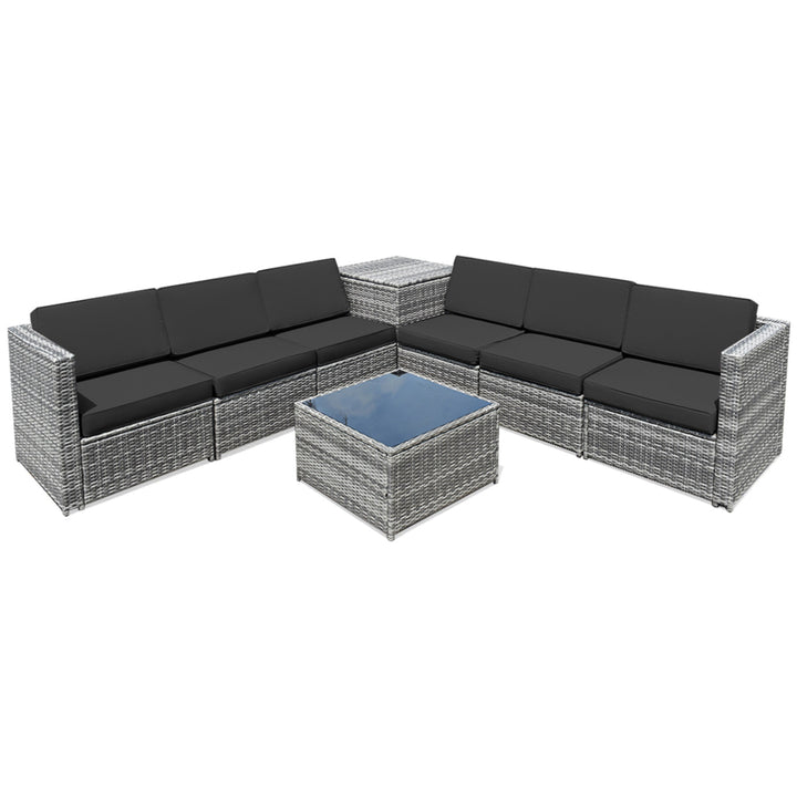 8PCS Patio Rattan Sofa Sectional Conversation Furniture Set w/ Black Cushion Image 5