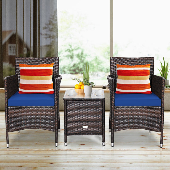 Gymax 3PCS Patio Rattan Chair and Table Furniture Set Outdoor w/ Navy Cushion Image 3