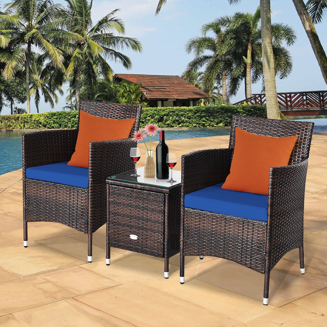 Gymax 3PCS Patio Rattan Chair and Table Furniture Set Outdoor w/ Navy Cushion Image 4