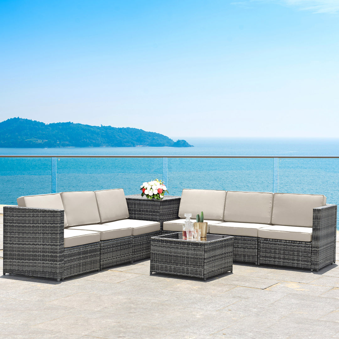 8PCS Patio Rattan Sofa Sectional Conversation Furniture Set w/ White Cushion Image 1