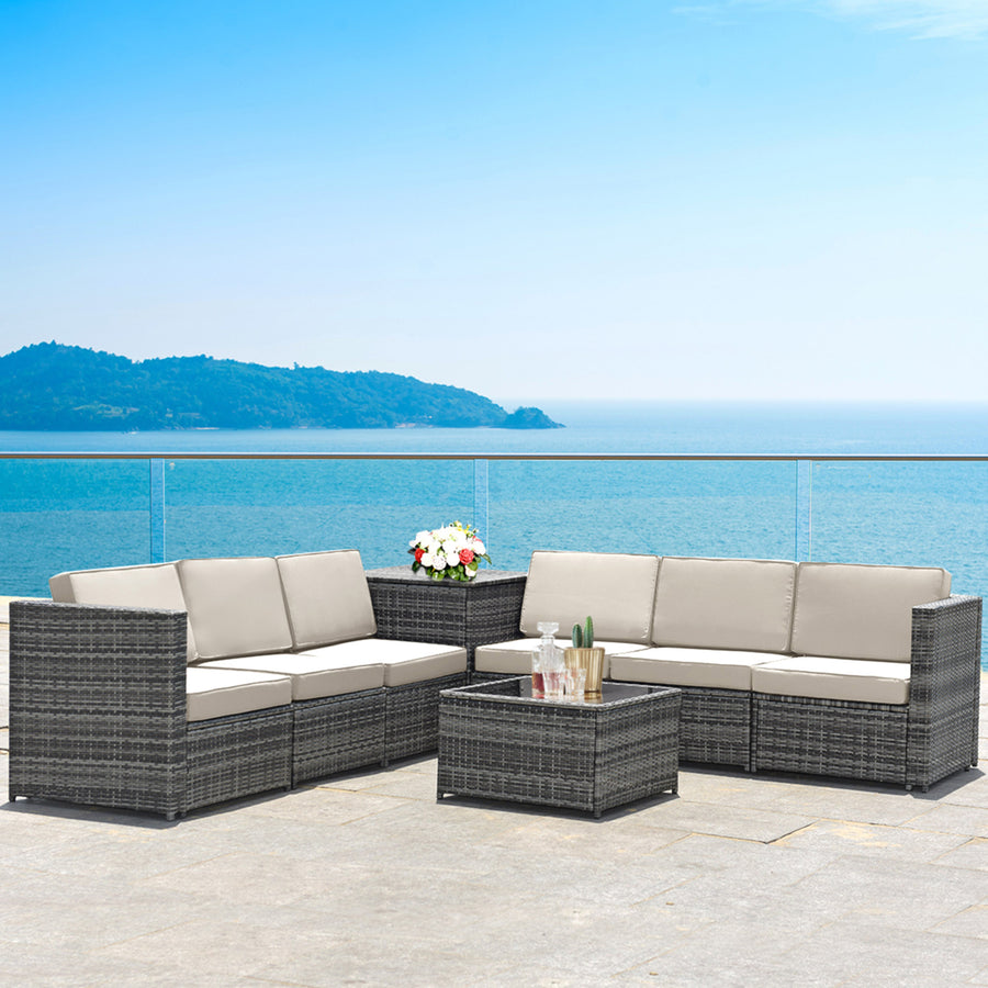 8PCS Patio Rattan Sofa Sectional Conversation Furniture Set w/ White Cushion Image 1