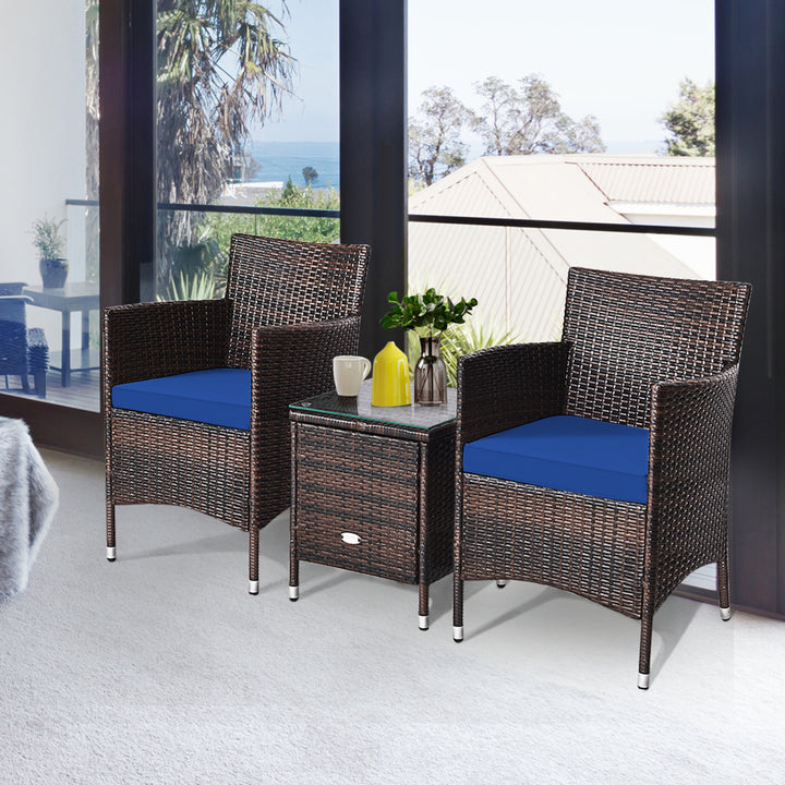 Gymax 3PCS Patio Rattan Chair and Table Furniture Set Outdoor w/ Navy Cushion Image 5