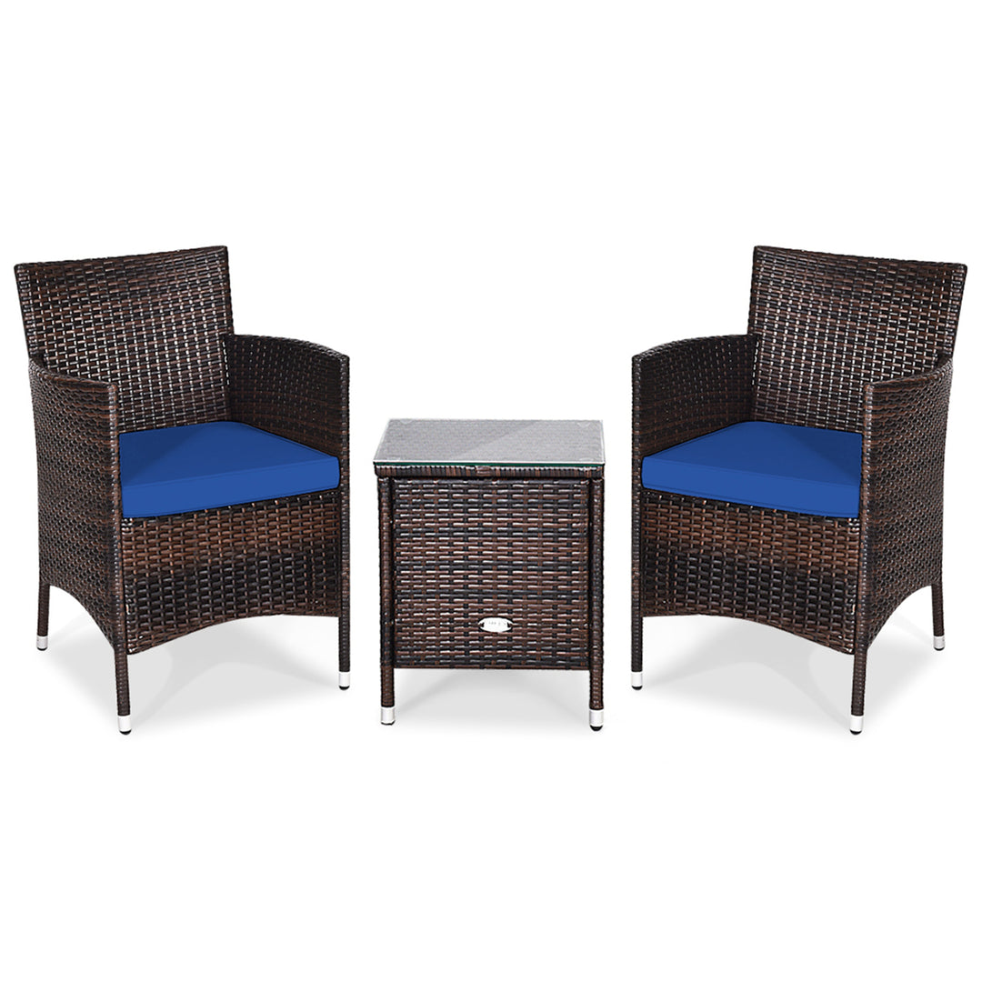 Gymax 3PCS Patio Rattan Chair and Table Furniture Set Outdoor w/ Navy Cushion Image 6