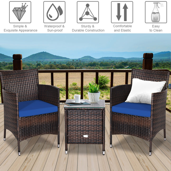 Gymax 3PCS Patio Rattan Chair and Table Furniture Set Outdoor w/ Navy Cushion Image 7