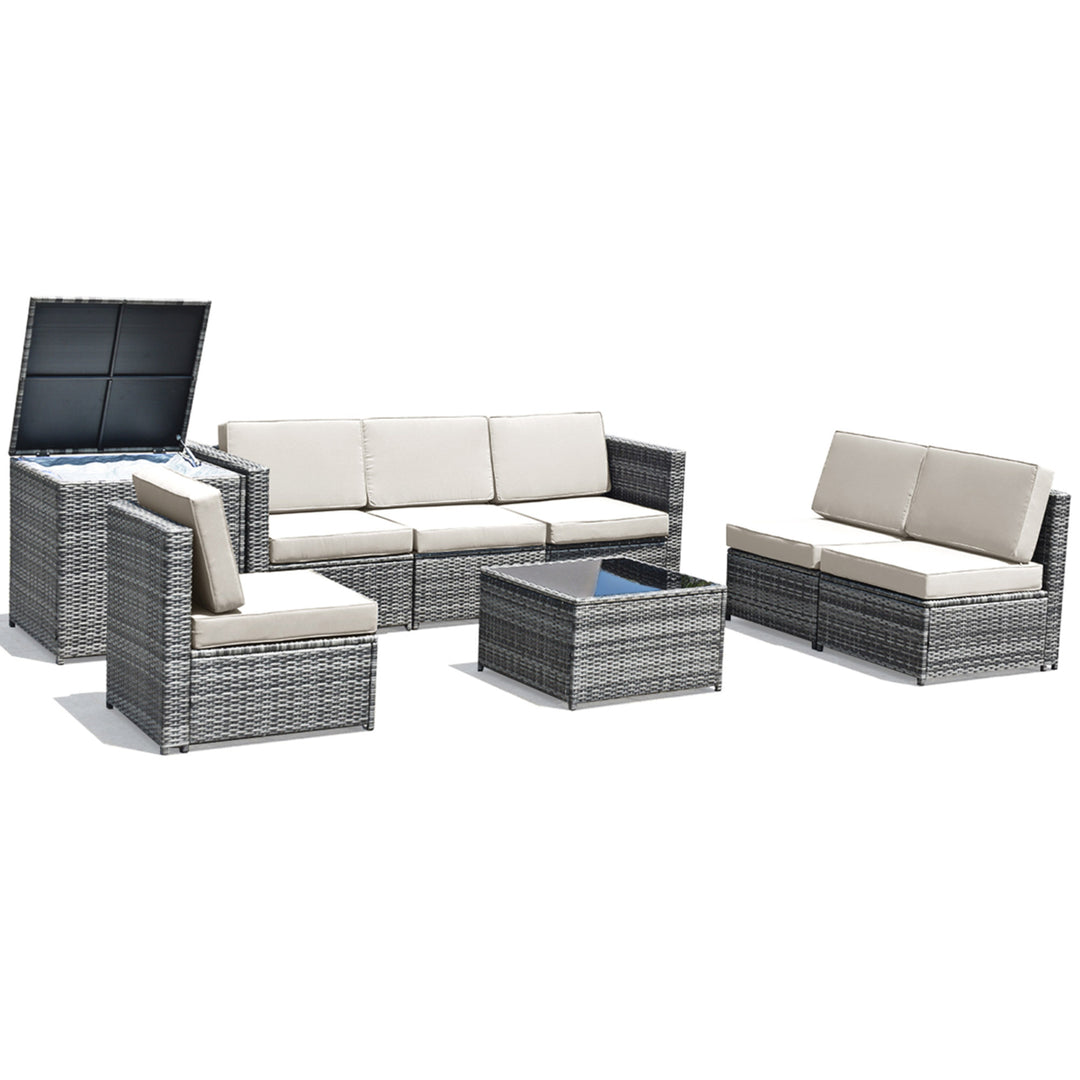 8PCS Patio Rattan Sofa Sectional Conversation Furniture Set w/ White Cushion Image 2