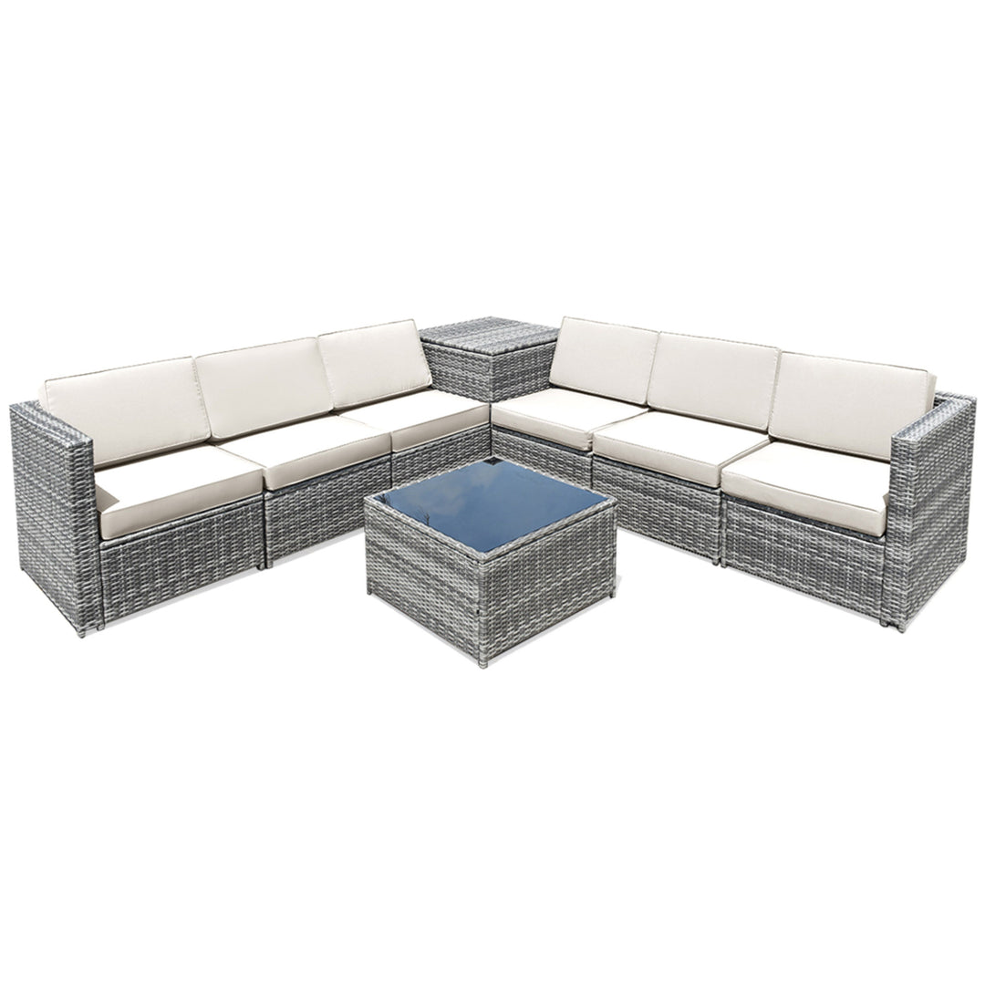 8PCS Patio Rattan Sofa Sectional Conversation Furniture Set w/ White Cushion Image 5