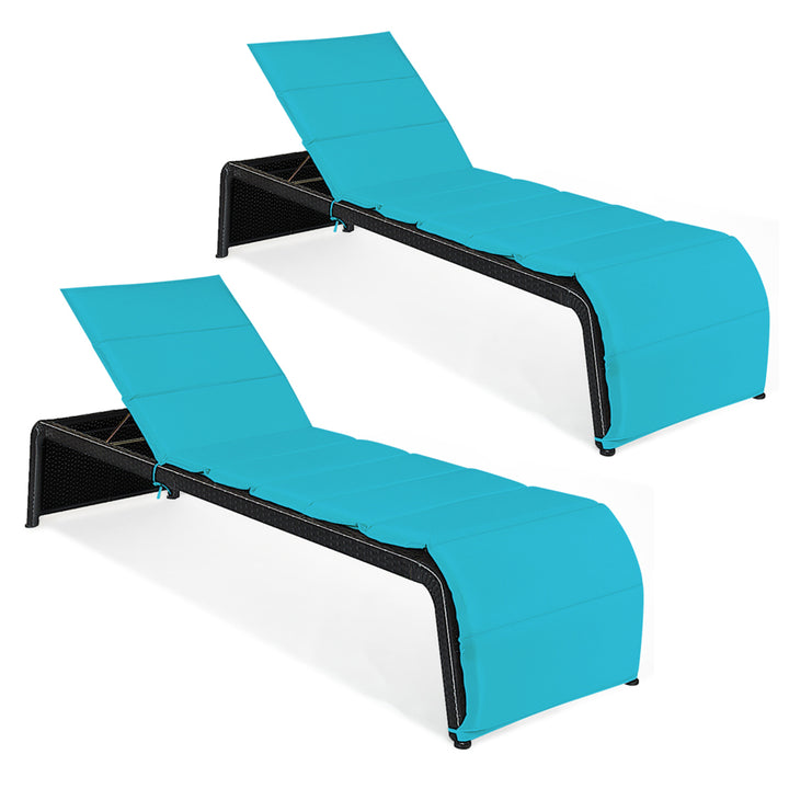 Set of 2 Adjustable Rattan Patio Recliner Chaise Lounge Chair w/ Turquoise Cushion Image 2