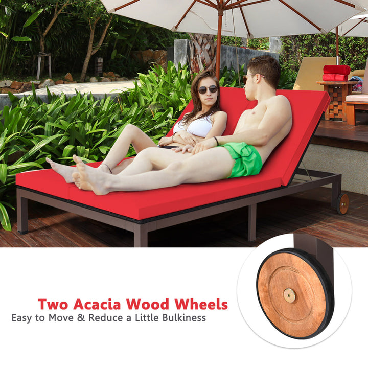 Adjustable Patio Rattan 2 Person Recliner Lounge Chair w/ Red Cushion Wheel Image 7