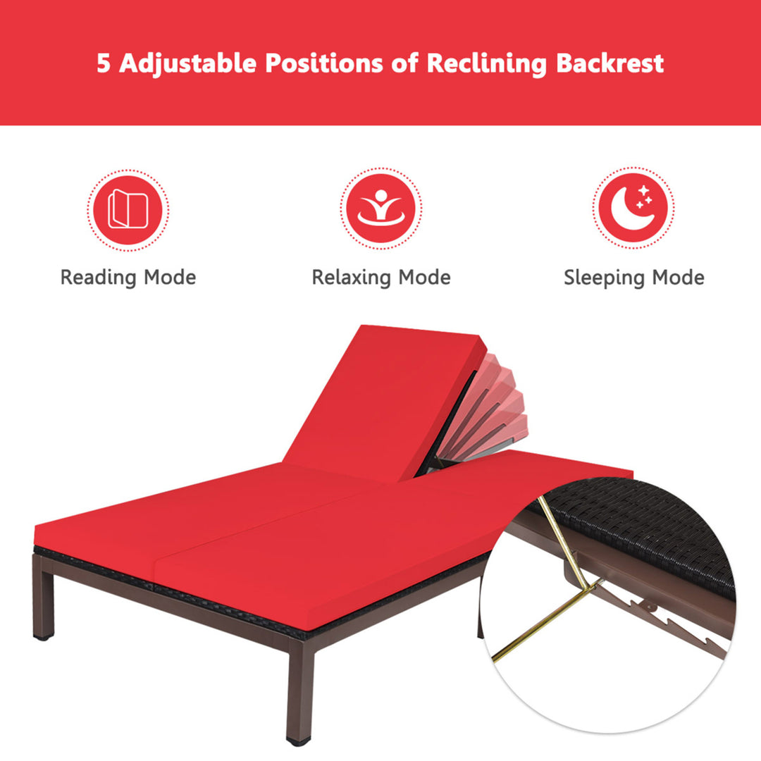 Adjustable Patio Rattan 2 Person Recliner Lounge Chair w/ Red Cushion Wheel Image 9