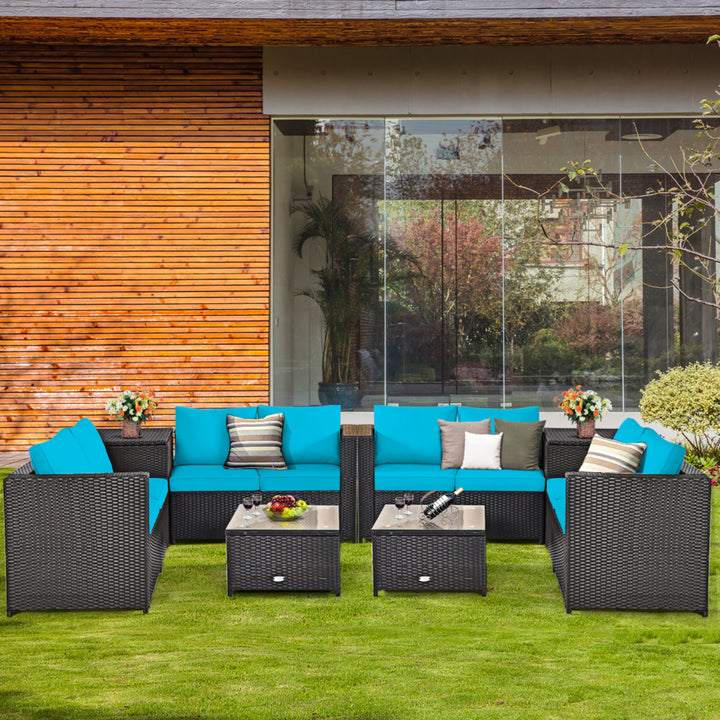 8PCS Cushioned Rattan Patio Conversation Set w/ Side Table Turquoise Cushion Image 1