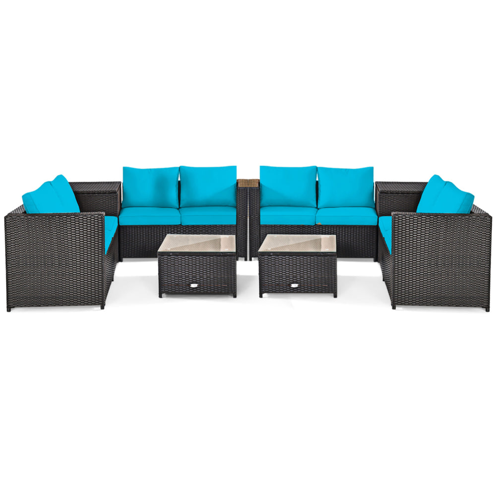 8PCS Cushioned Rattan Patio Conversation Set w/ Side Table Turquoise Cushion Image 2