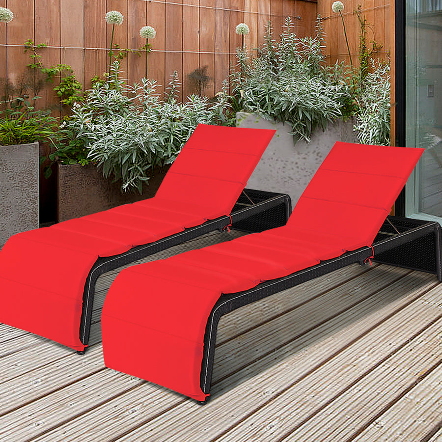 Set of 2 Adjustable Rattan Patio Recliner Chaise Lounge Chair w/ Red Cushion Image 1