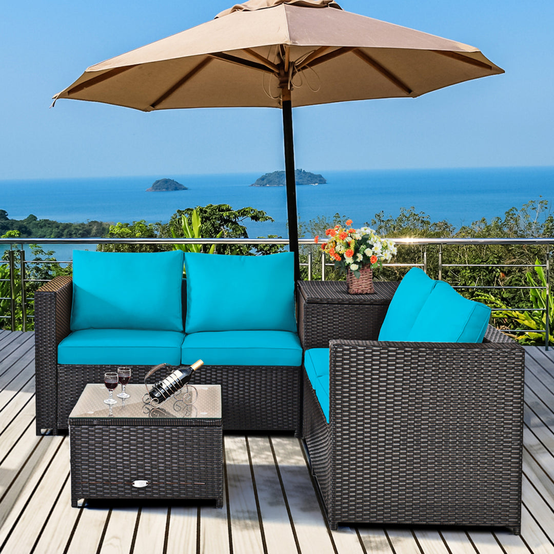 8PCS Cushioned Rattan Patio Conversation Set w/ Side Table Turquoise Cushion Image 5