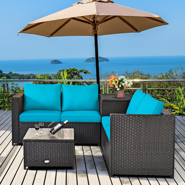 8PCS Cushioned Rattan Patio Conversation Set w/ Side Table Turquoise Cushion Image 5