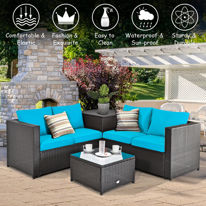 8PCS Cushioned Rattan Patio Conversation Set w/ Side Table Turquoise Cushion Image 7