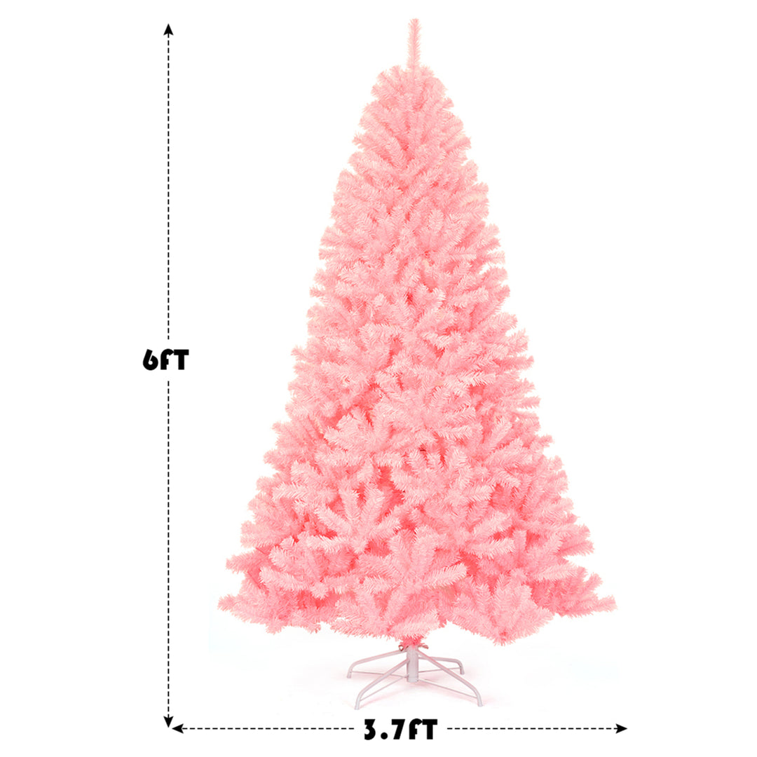 6ft Pink Artificial Christmas Tree Hinged Spruce Full Tree w/ Metal Stand Image 2