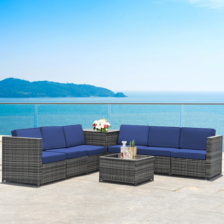 8PCS Patio Rattan Sofa Sectional Conversation Furniture Set w/ Navy Cushion Image 1