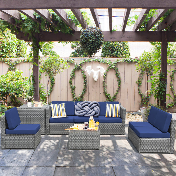 8PCS Patio Rattan Sofa Sectional Conversation Furniture Set w/ Navy Cushion Image 3