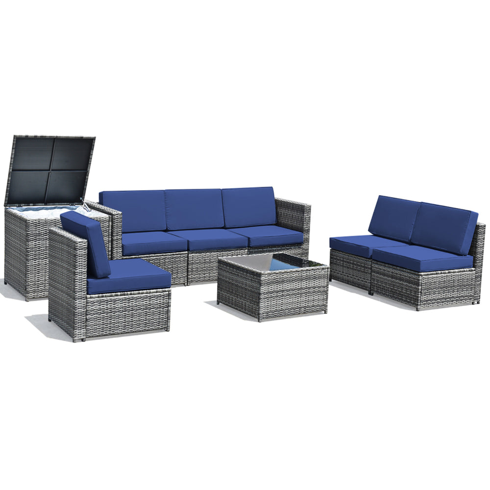 8PCS Patio Rattan Sofa Sectional Conversation Furniture Set w/ Navy Cushion Image 2