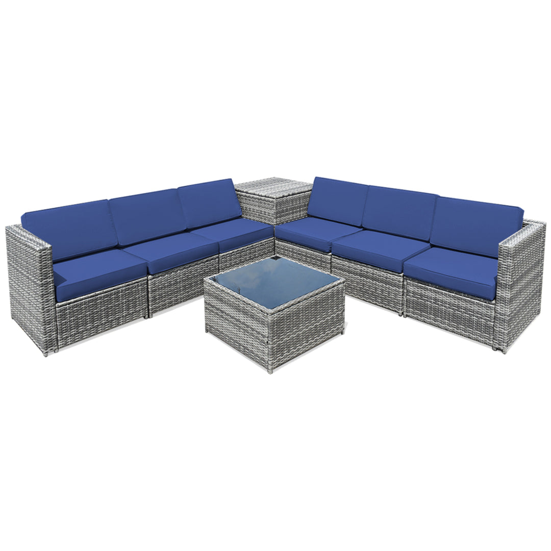 8PCS Patio Rattan Sofa Sectional Conversation Furniture Set w/ Navy Cushion Image 5