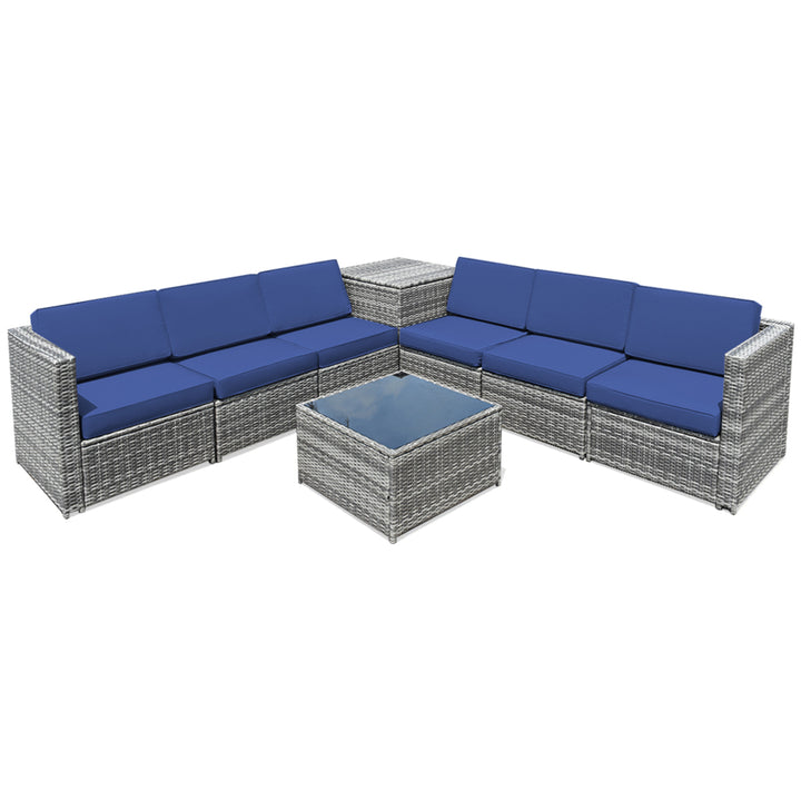 8PCS Patio Rattan Sofa Sectional Conversation Furniture Set w/ Navy Cushion Image 5