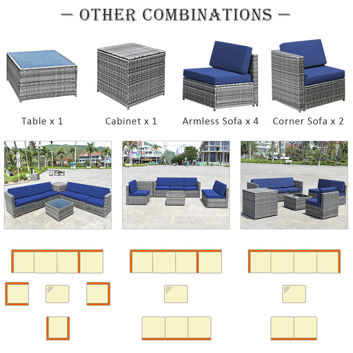 8PCS Patio Rattan Sofa Sectional Conversation Furniture Set w/ Navy Cushion Image 7