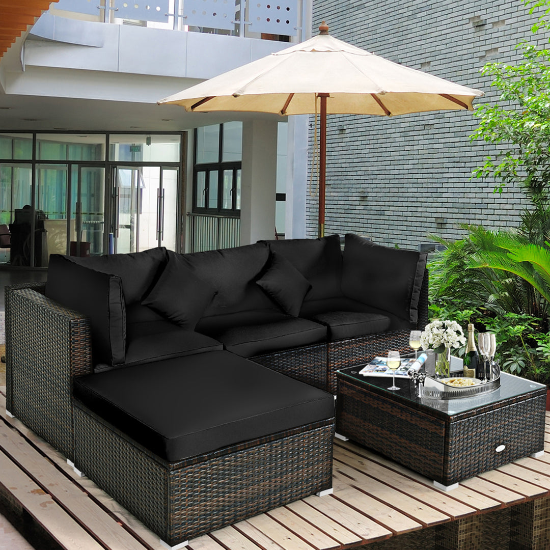 5PCS Rattan Patio Conversation Set Outdoor Furniture Set w/ Ottoman Black Cushion Image 4