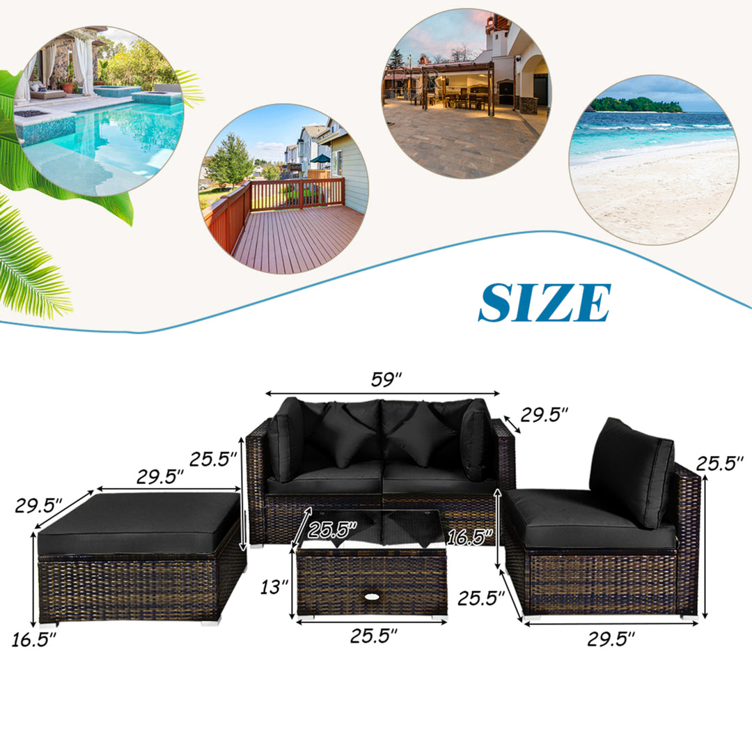 5PCS Rattan Patio Conversation Set Outdoor Furniture Set w/ Ottoman Black Cushion Image 3