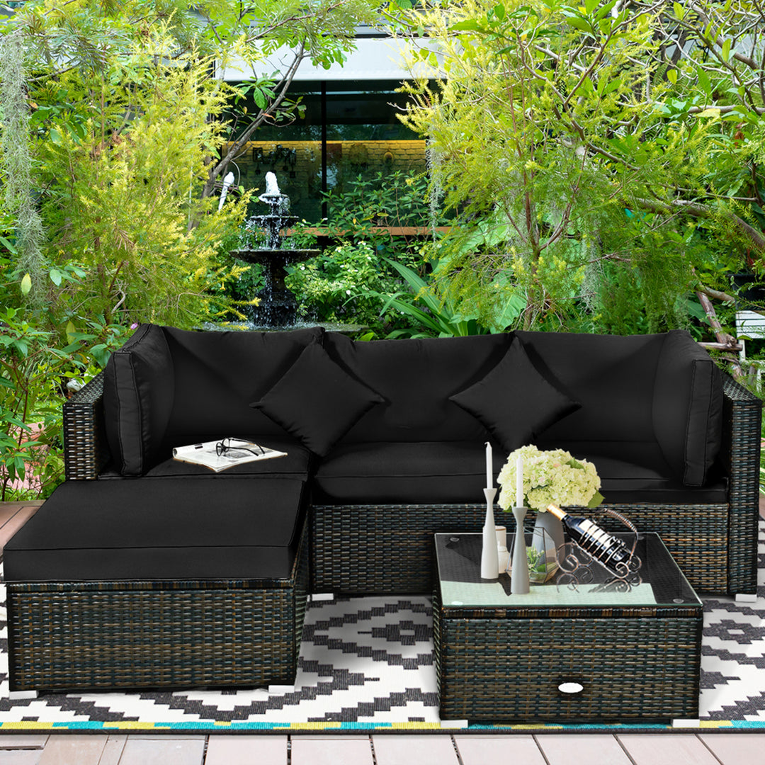 5PCS Rattan Patio Conversation Set Outdoor Furniture Set w/ Ottoman Black Cushion Image 5