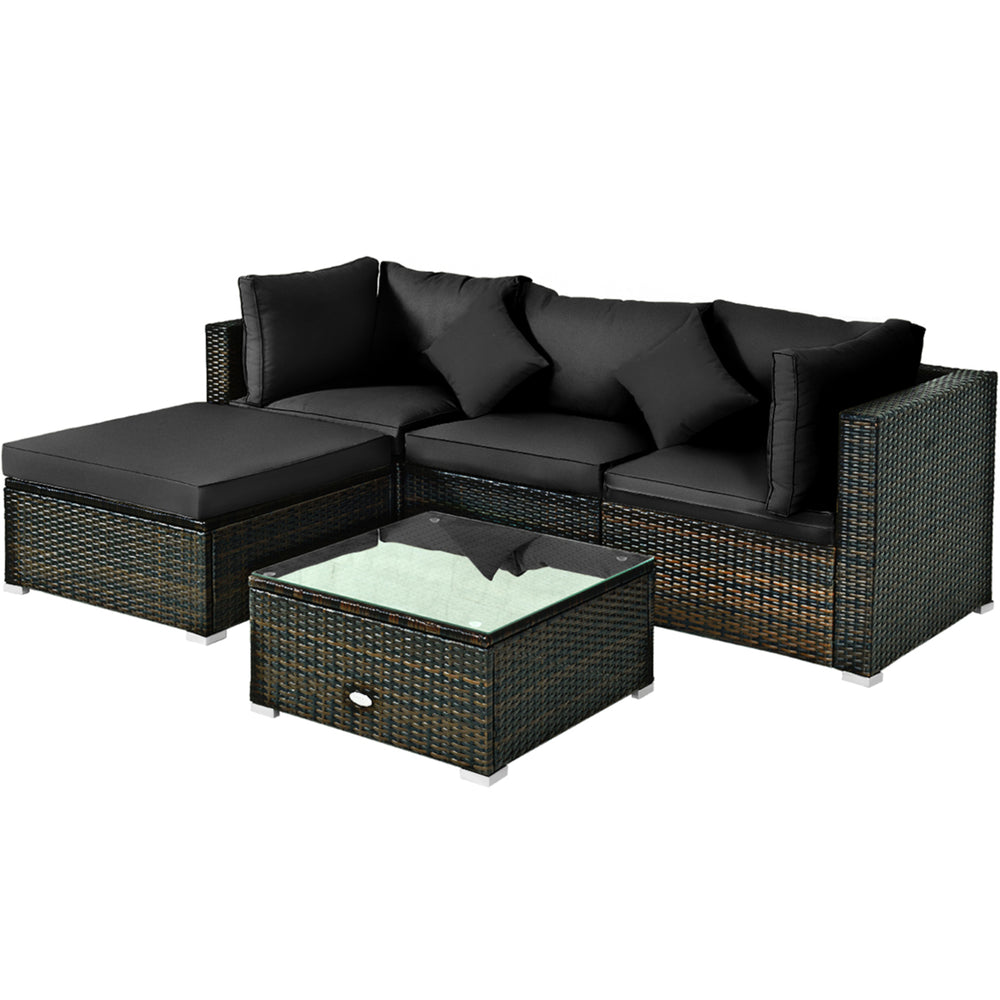 5PCS Rattan Patio Conversation Set Outdoor Furniture Set w/ Ottoman Black Cushion Image 2