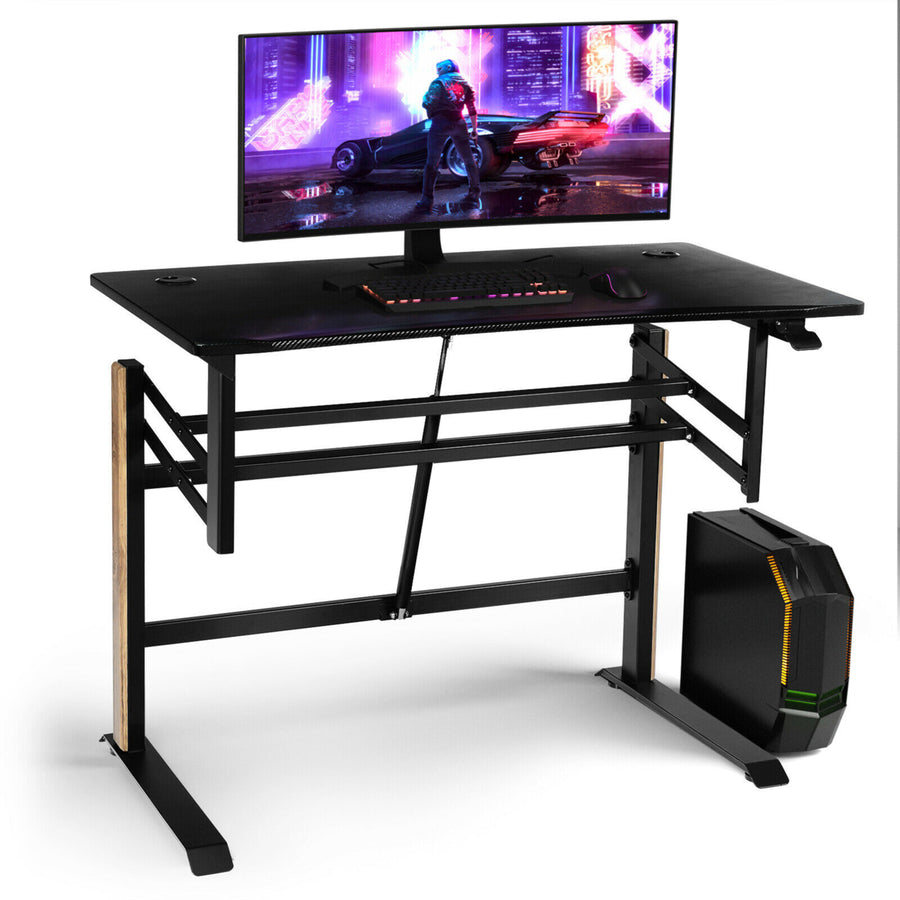 Pneumatic Height Adjustable Gaming Desk T Shaped Game Station w/Power Strip Tray Image 1