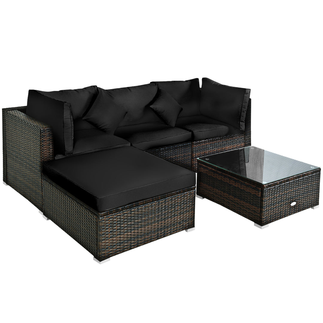 5PCS Rattan Patio Conversation Set Outdoor Furniture Set w/ Ottoman Black Cushion Image 6